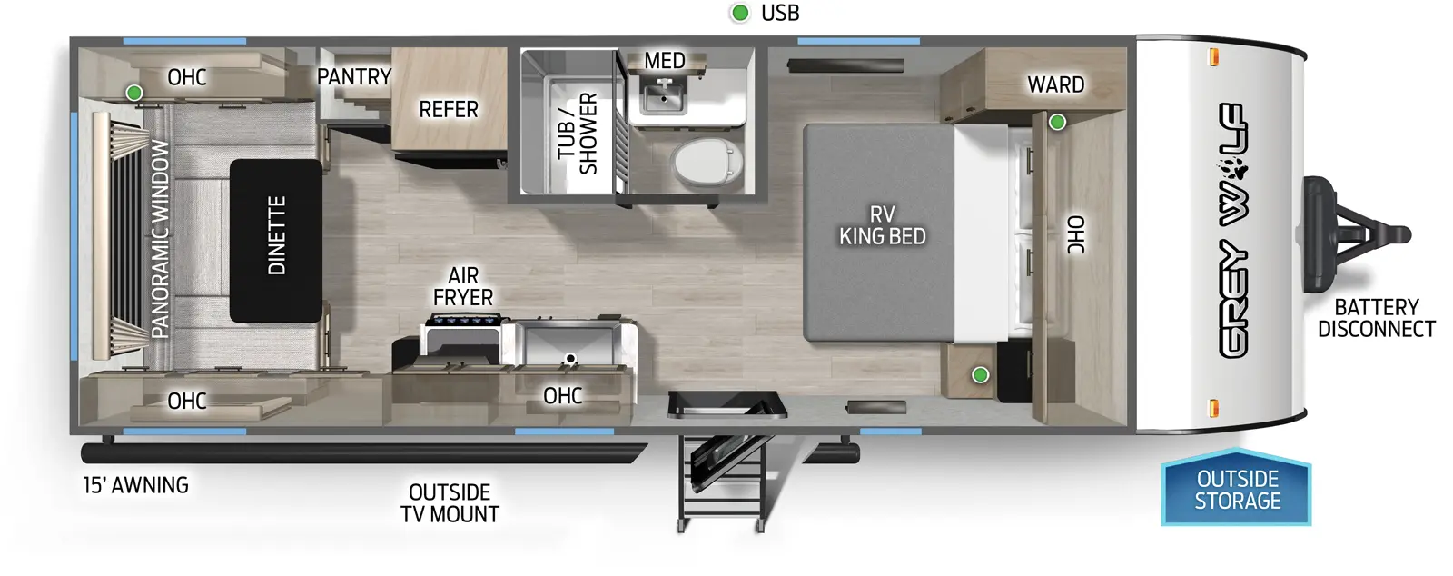 The Grey Wolf 20RDSE floorplan has one entry and zero slide outs. Exterior features include: metal exterior and 15' awning. Interiors features include: u-dinette and front bedroom.